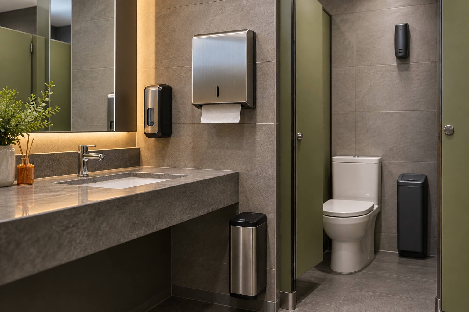 Baño corporativo conceptual equipado con dispensadores, aromatizador y contenedor femenino